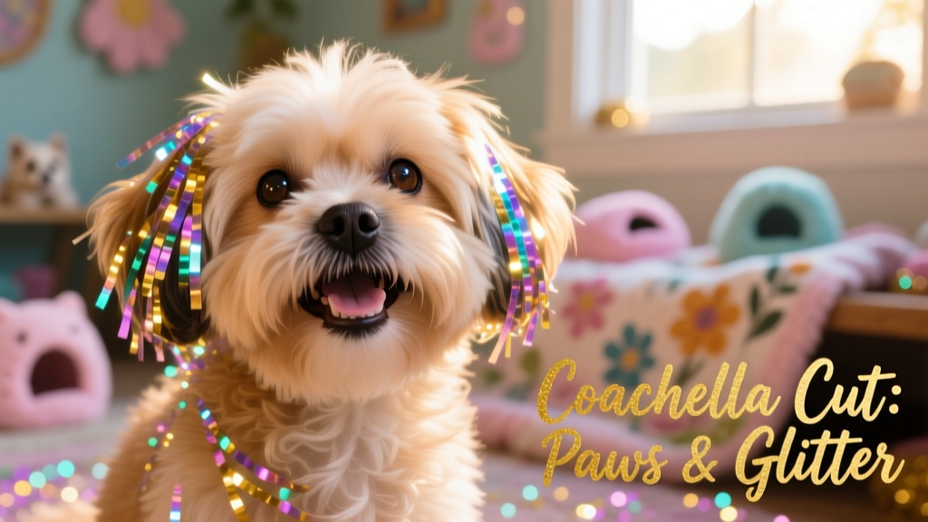 Close-up of a smiling Shih-Tzu with shimmering tinsel hair extensions and a tidy, fluffy teddy cut
