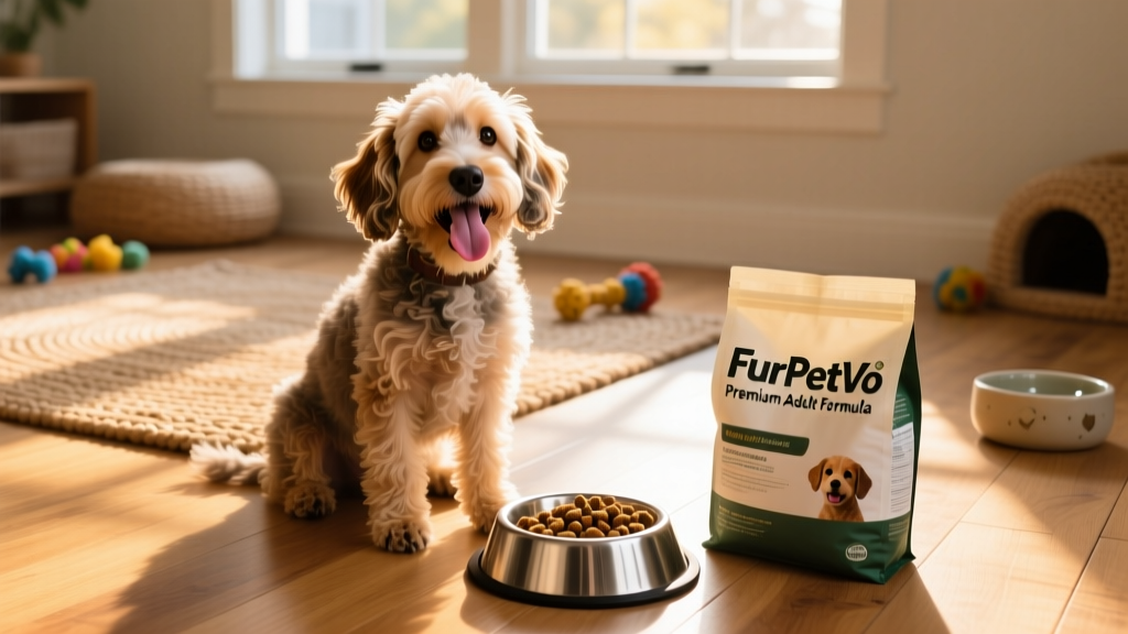 A happy Great Danoodle eating from a stainless steel bowl next to a bag of premium dry dog food labeled 'FurPetVo Premium Adult Formula'