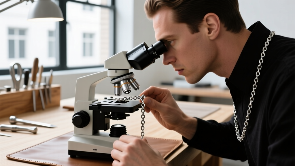 Jeweler using a microscope to inspect the center of an X link on a silver chain for micro-fractures and casting porosity defects