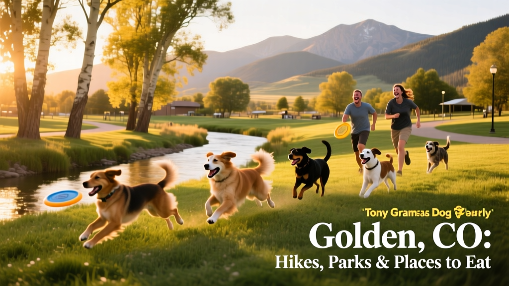 Dogs playing joyfully at Tony Gramsas Dog Park in Golden, CO, with trees and a creek in the background