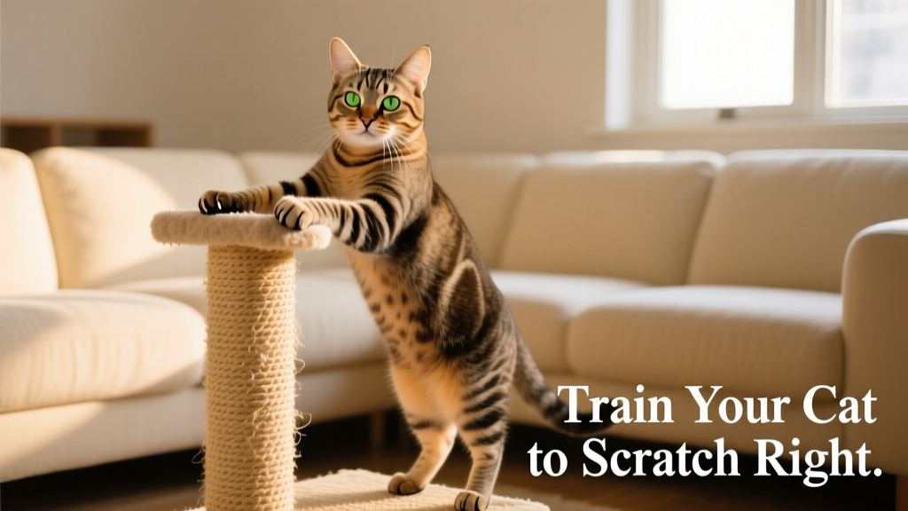 A cat confidently using a sturdy sisal scratching post beside a sofa