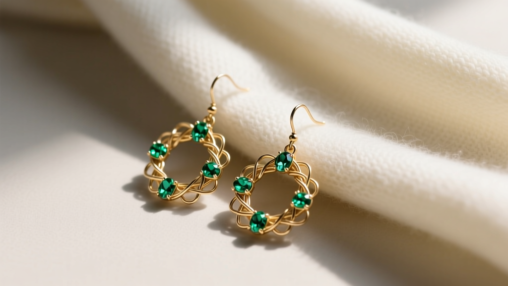 Flat lay of Christmas wreath drop earrings beside cashmere, showing intricate 20-gauge gold wirework and vivid peridot accents