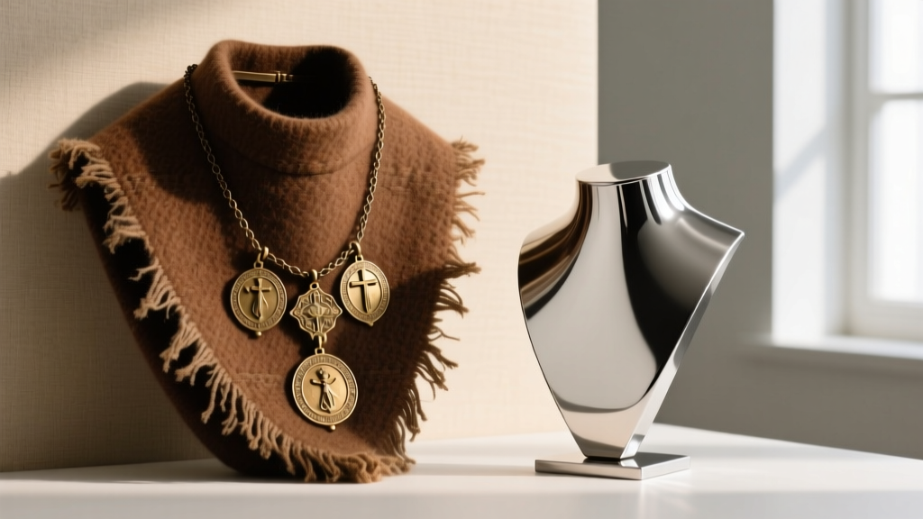 Worn brown wool scapular necklace with brass medals beside a polished surgical stainless steel modern metal alternative piece.