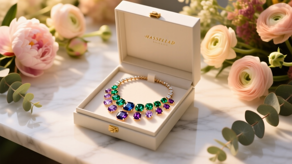 Open gift box displaying a multi-colored gemstone necklace with a note, surrounded by soft floral arrangements and warm lighting.
