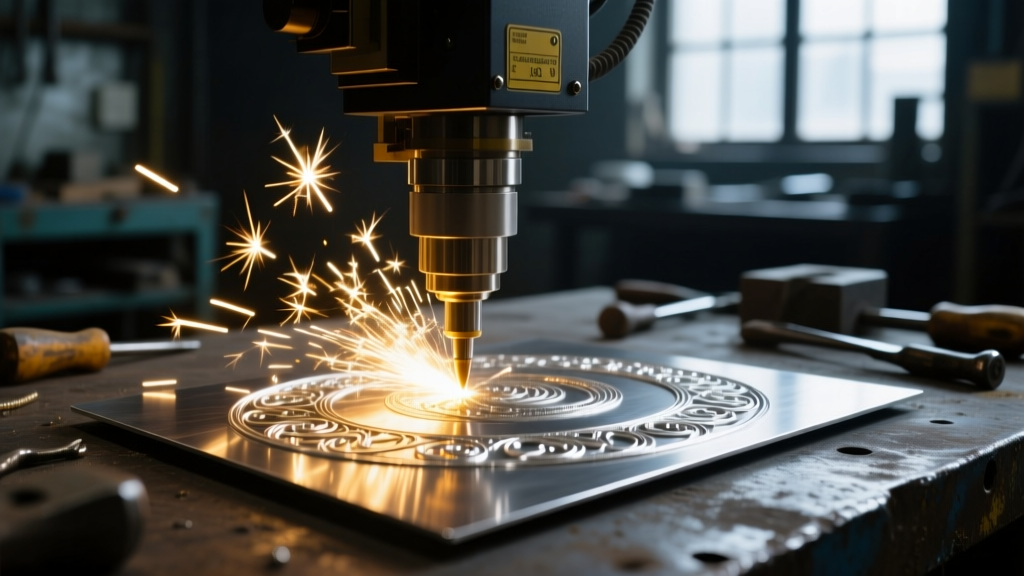 Macro shot of a fiber laser engraving a 16-gauge sterling silver sheet, with bright sparks illuminating a dark jewelry workshop.