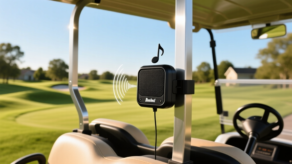 A magnetic Bushnell Wingman Mini GPS speaker attached to the frame of a golf cart, playing music between shots.