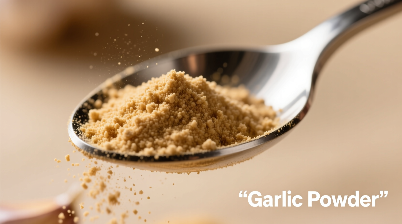 Close-up of garlic powder in a measuring spoon