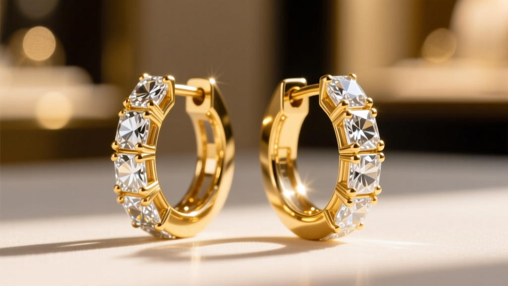 Close-up of 14k gold cubic zirconia hoop earrings in sunlight, highlighting precise facet junctions and secure prong settings.