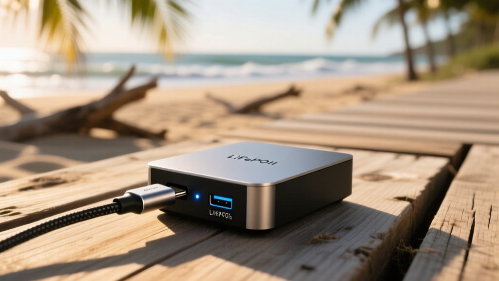 Closeup of a USB-C power delivery trigger cable connected to a portable LiFePO4 battery pack powering a fanless mini PC on a wooden beach boardwalk