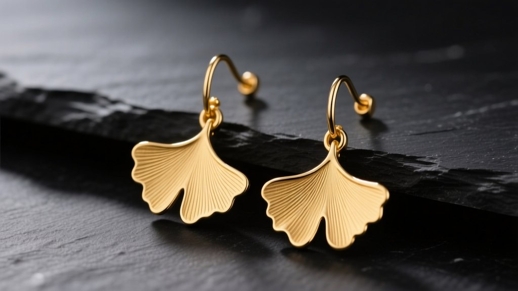 Close-up of 14k solid gold ginkgo leaf dangle earrings with matte vein textures resting on dark slate under soft studio lighting