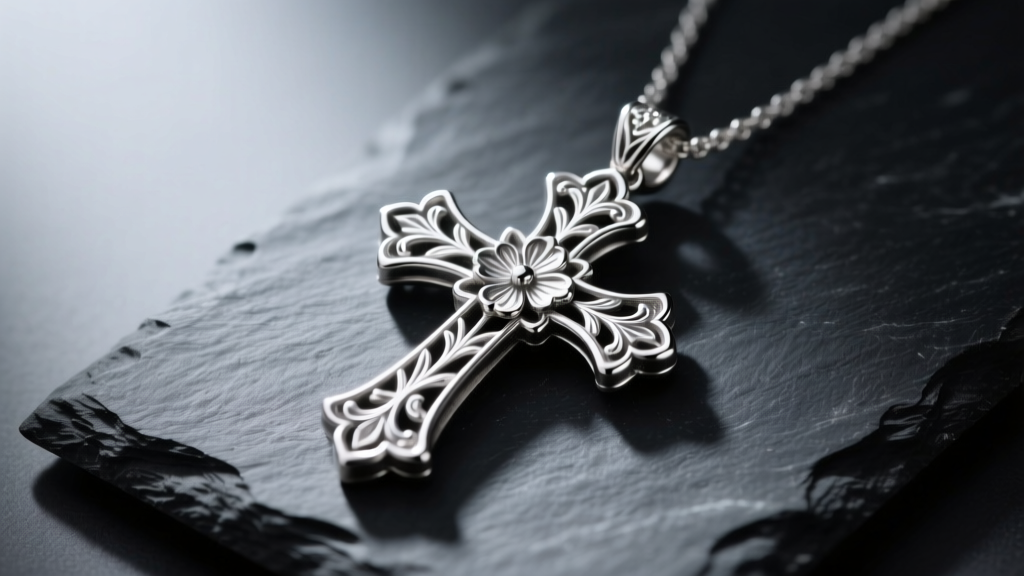 Heavy 40g 925 sterling silver gothic cross pendant on dark slate, dramatic lighting highlighting deep engraved floral details.