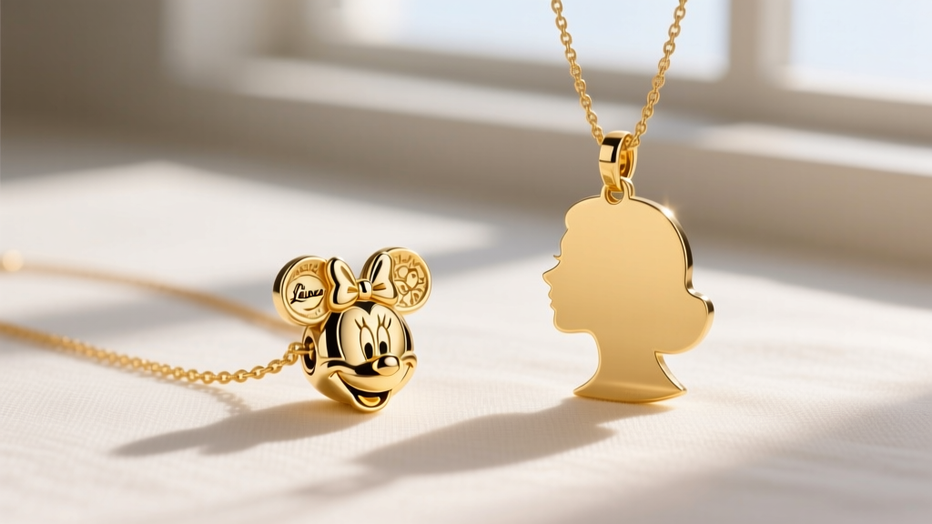 Flat lay comparing a stamped Pandora 14k gold Minnie charm necklace next to a custom solid 18k gold artisan silhouette pendant.