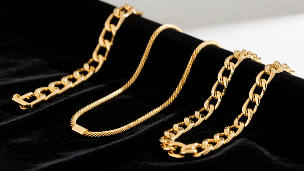 Flat lay of three 18-inch gold chains: a 2-gram cable, a 5-gram box, and a 12-gram Figaro on dark velvet fabric.