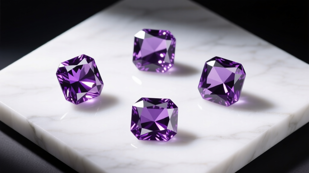 Top view of three square amethyst cuts: princess, Asscher, and cushion, on white marble under bright jewelry studio lighting.