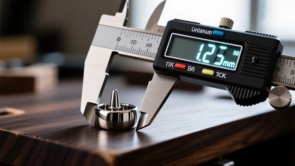 Close-up of digital calipers measuring the thickness of a polished titanium septum clicker ring on a dark wooden workbench.