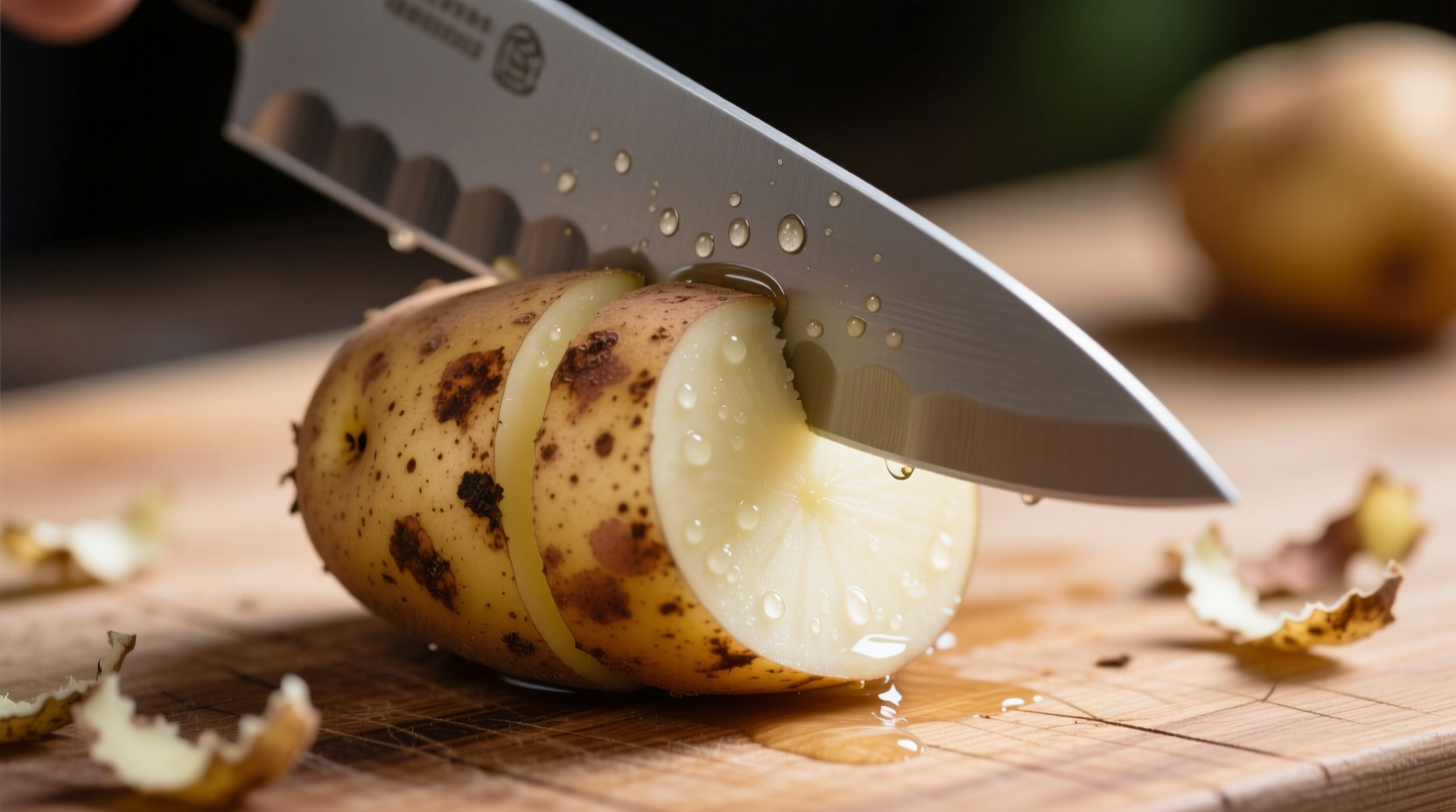 Close-up of potato with brown spots being cut away