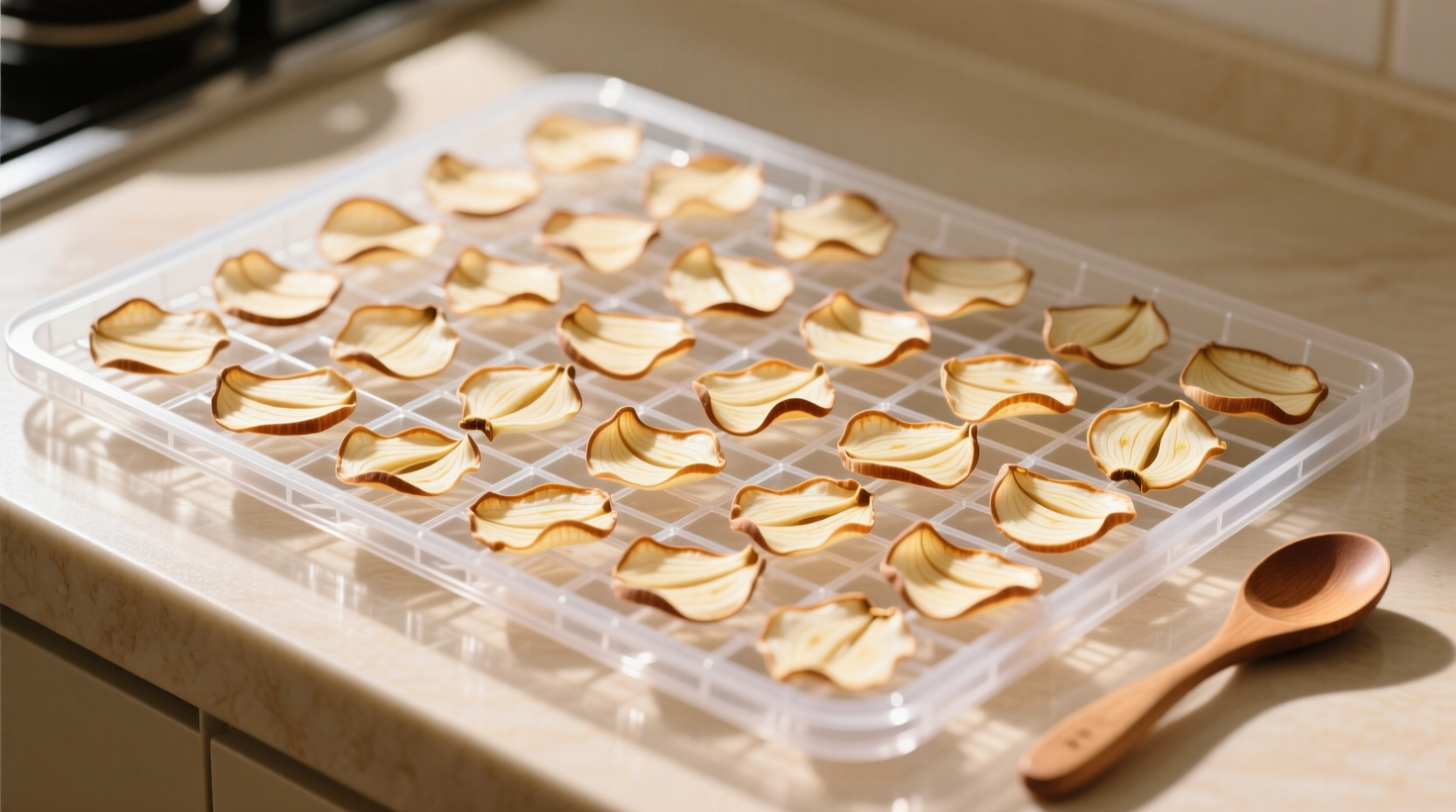 Garlic slices arranged on dehydrator trays