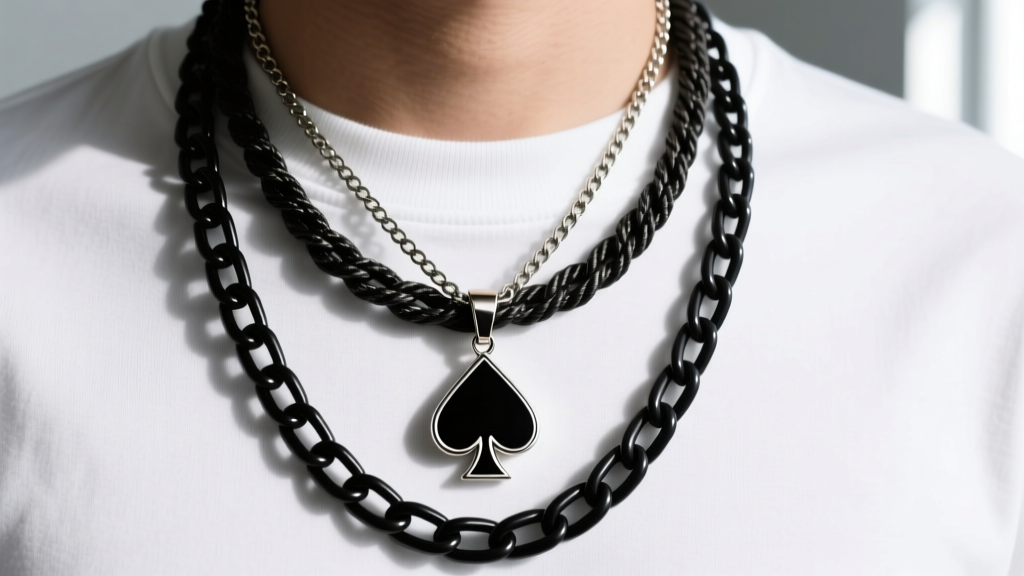 Layered 20-inch steel curb chain and 24-inch rope chain with matte black ace of spades pendants over a plain white t-shirt.