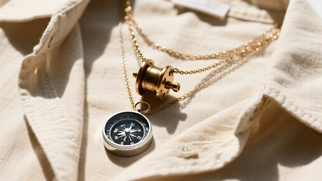 Overhead shot of a layered necklace setup featuring a small brass fishing reel pendant and a silver compass on a beige linen shirt