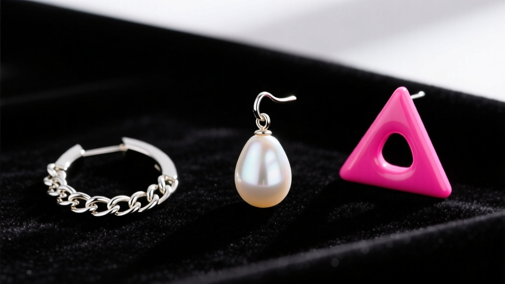 Flat lay of queer-coded earrings including a single freshwater pearl drop, a silver chain hoop, and a pink triangle huggie on dark velvet