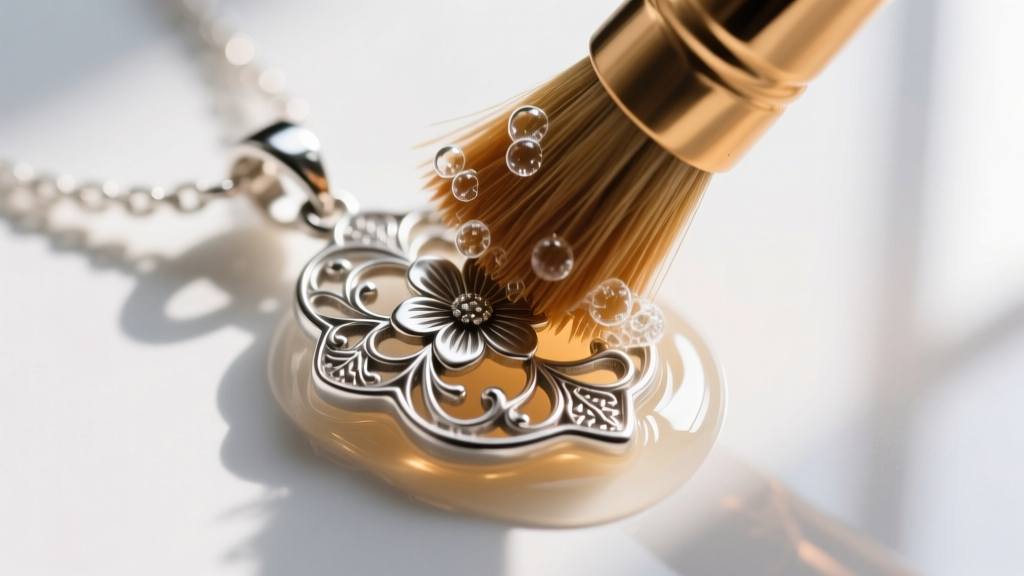 Soft-bristled brass brush cleaning the textured crevices of a sterling silver feminine pendant submerged in a mild soapy solution
