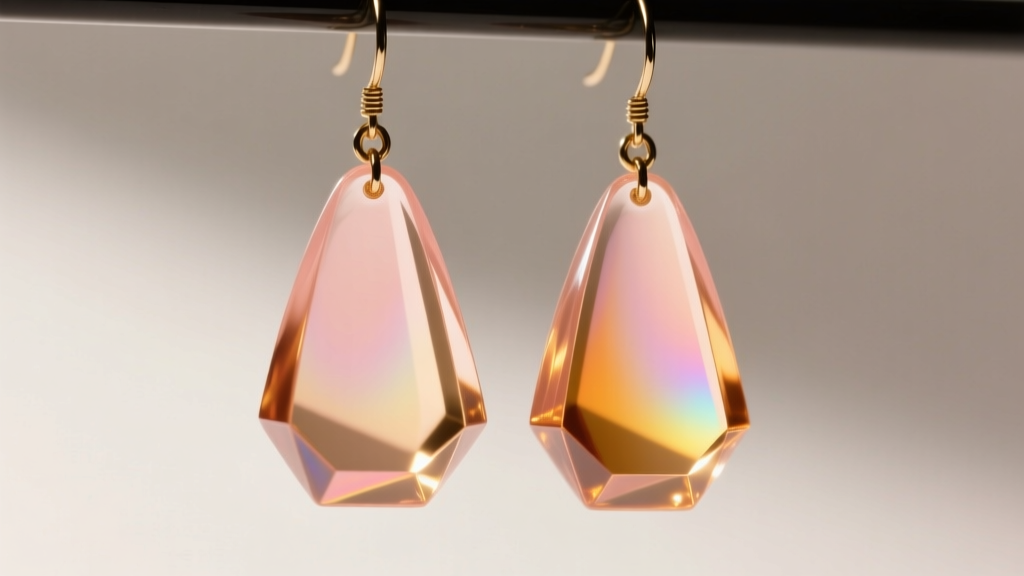 Close-up of 1960s Lisner Moonglow Lucite drop earrings in translucent peach, showing internal color-shifting properties