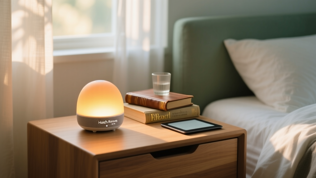 Bedside table showing the Hatch Restore 3 smart sleep assistant glowing with a warm amber sunrise simulation light next to books