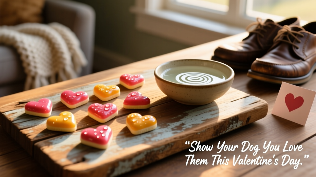 A close-up of colorful, heart-shaped dog treats arranged on a rustic wooden board beside a bowl of fresh water