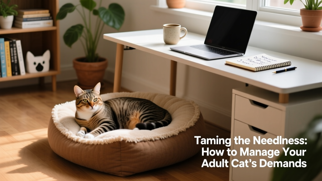 Cat lying calmly on a cozy cat bed placed beside a home office desk, not interfering with work