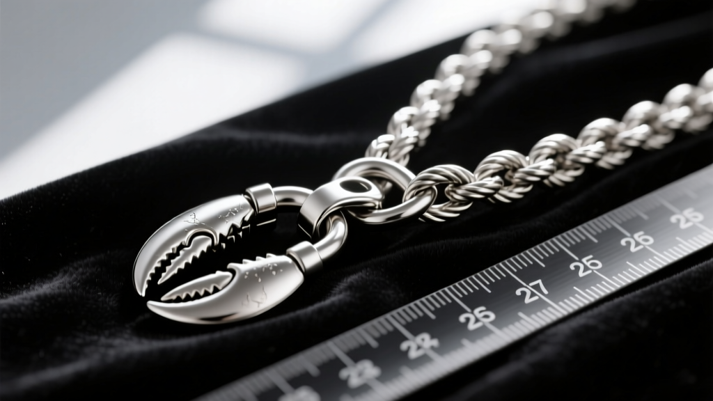 Macro shot of a 2.5mm stainless steel rope chain harness with a secure lobster clasp resting on a dark velvet measuring tape