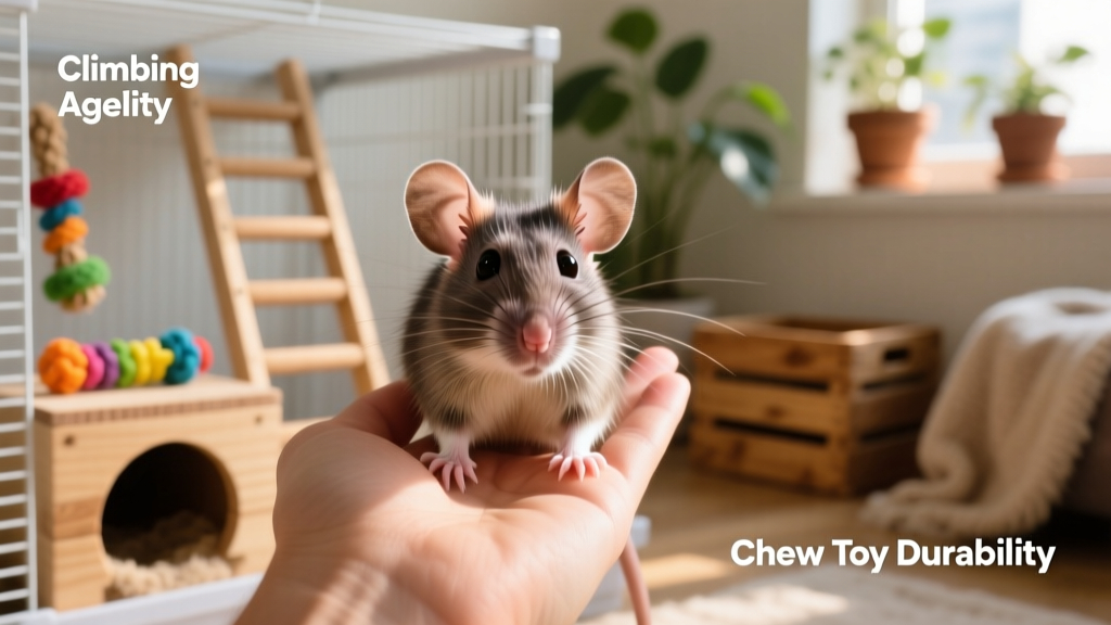 A friendly dumbo rat perched on a human hand, with climbing ladders and chew toys visible in the background cage