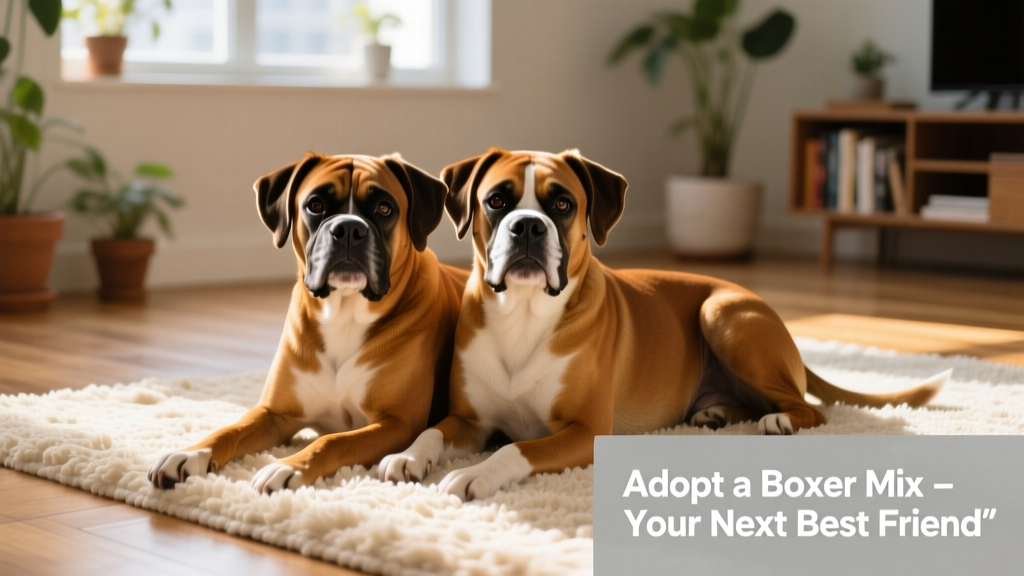 Two Boxer mixes resting side-by-side on a cozy rug indoors, looking relaxed and content