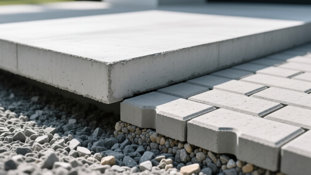 Cross-section comparing a monolithic poured concrete slab and interlocking concrete pavers installed over a compacted gravel base