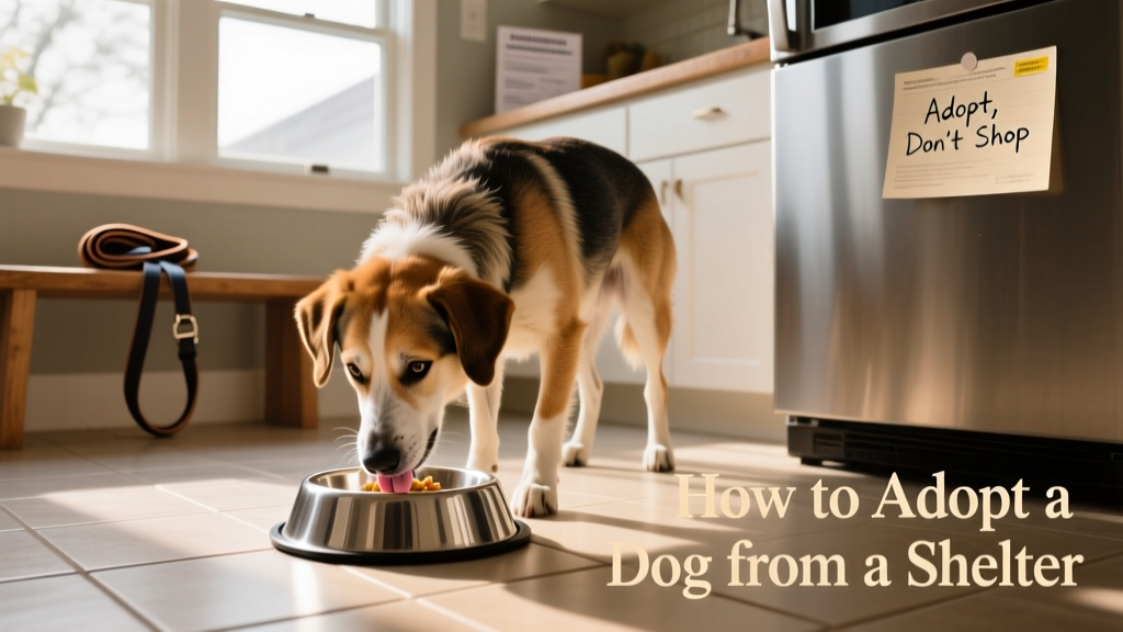 A calm, confident shelter dog eating from a stainless steel bowl in a sunlit kitchen
