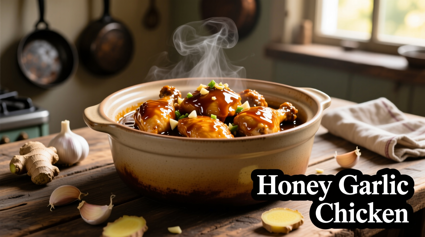 Crock pot filled with glossy honey garlic chicken