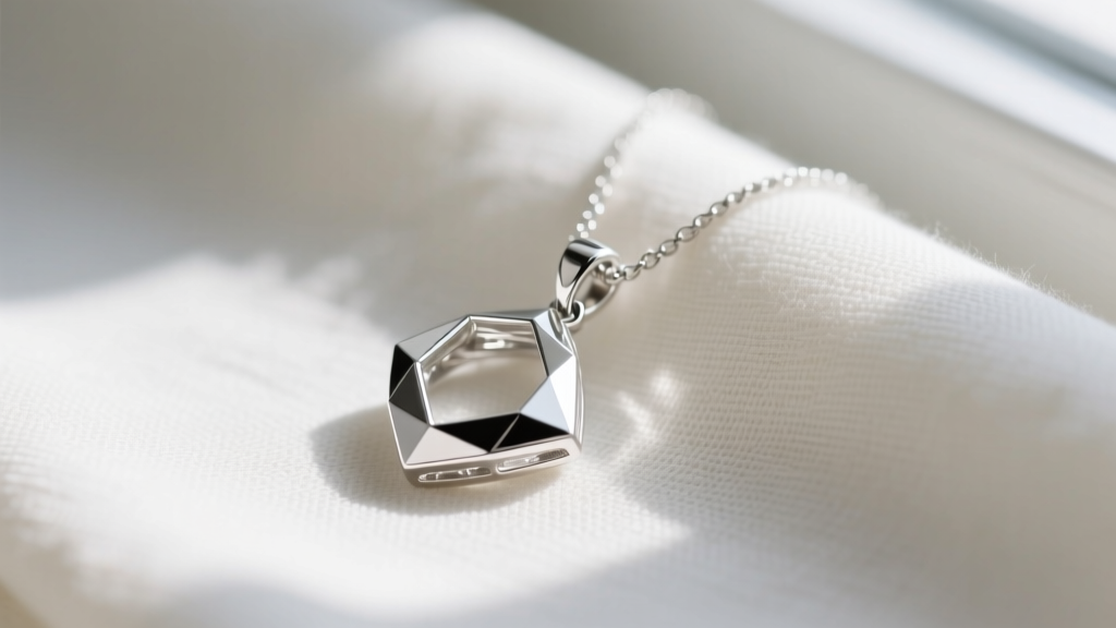 Macro shot of rhodium-plated sterling silver pendant necklace resting on soft linen, highlighting the bright and polished finish.