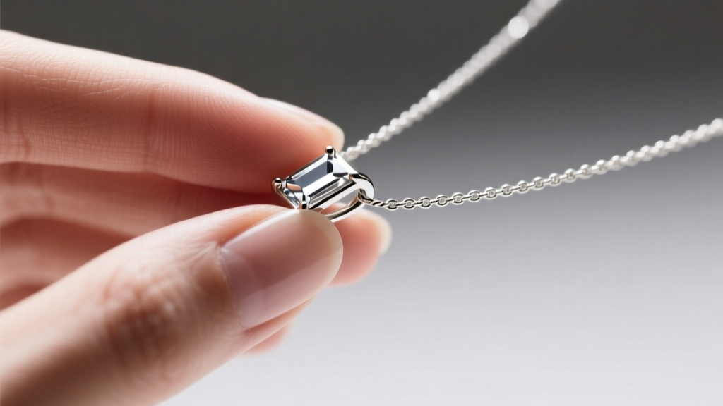 Macro photography of fingers gently pinching a platinum slide pendant bail to adjust it along a delicate 0.8mm cable chain.