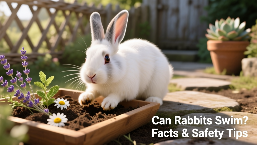 Rabbit happily digging in a shallow tray of soil and dried herbs