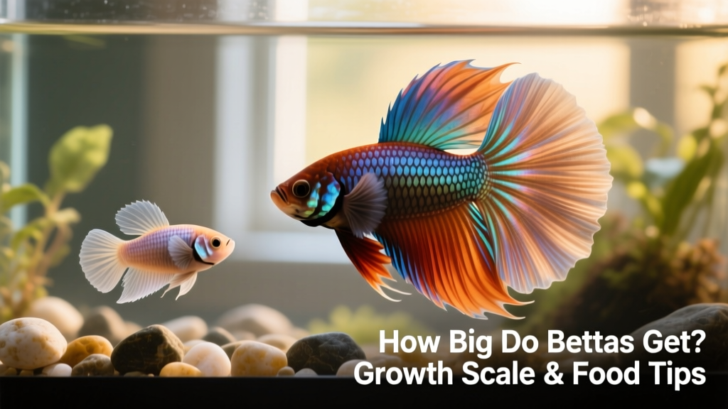 Side-by-side comparison of a juvenile betta (under 1 inch) and a mature adult betta showing full fin development and body size