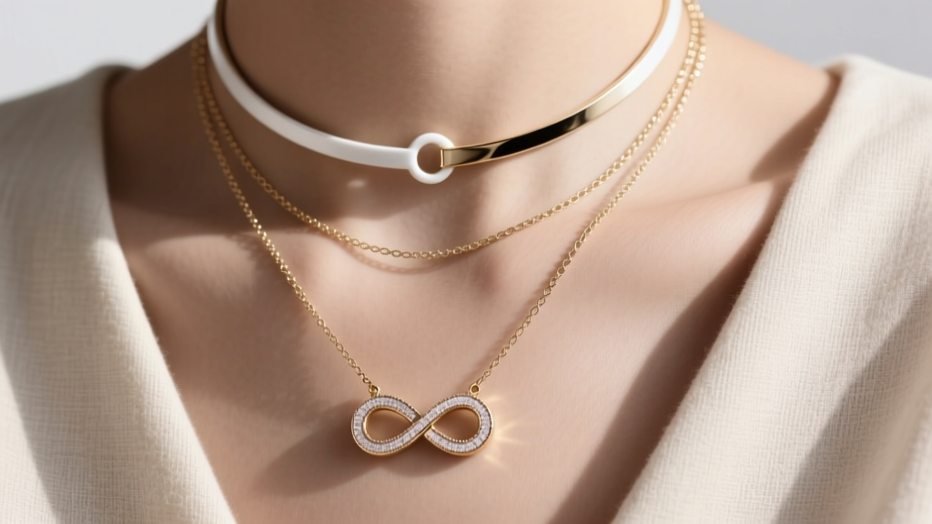 Layered white gold infinity necklaces featuring a 16-inch choker and 18-inch asymmetrical pendant against a neutral linen top