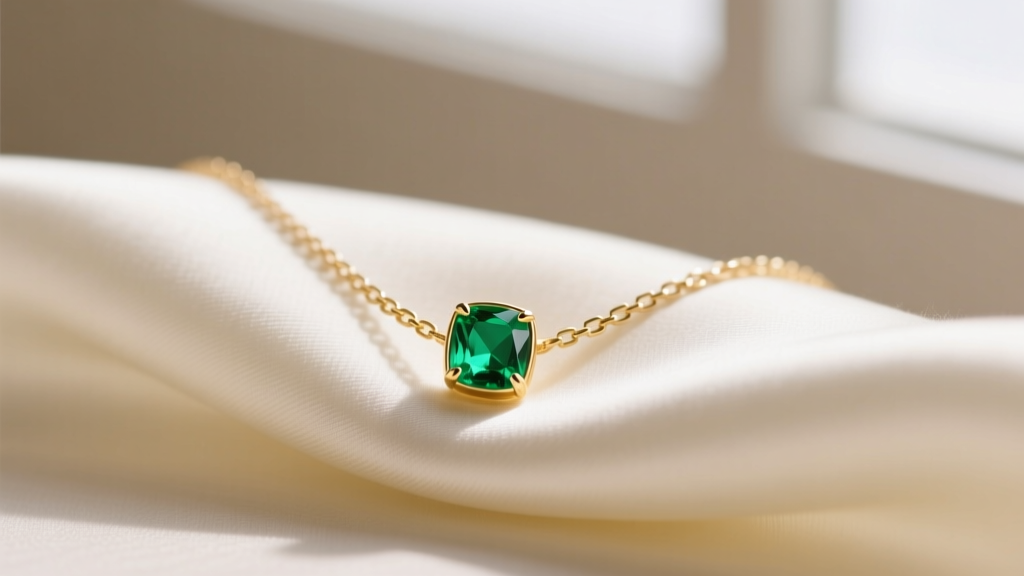 Macro photo of 14k gold bezel-set dainty emerald necklace on silk, featuring a vivid 4mm green stone and a delicate 1mm box chain.