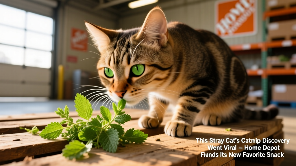 Close-up of a curious tabby cat gently sniffing fresh catnip leaves