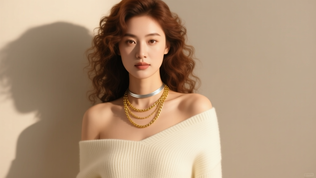 Woman wearing an off-shoulder sweater, an elegant choker necklace, and a longer gold chain under soft warm studio lighting.