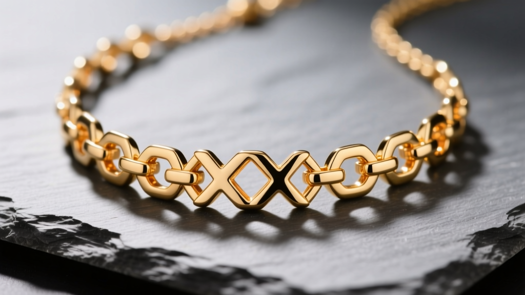 Macro shot of a 14k gold XOX necklace on slate, showing interlocking geometric links and polished finish under studio light