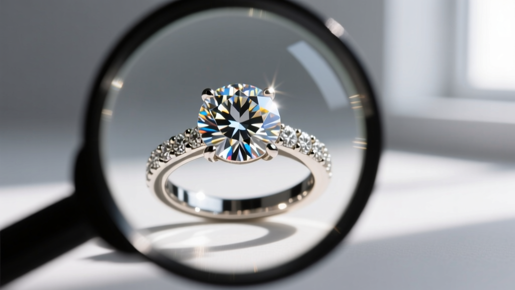 Close-up through a jeweler's loupe examining the solder joint where the bail meets a polished white gold cross pendant stem.