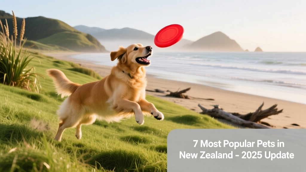 A happy dog playing fetch on a grassy beach in New Zealand
