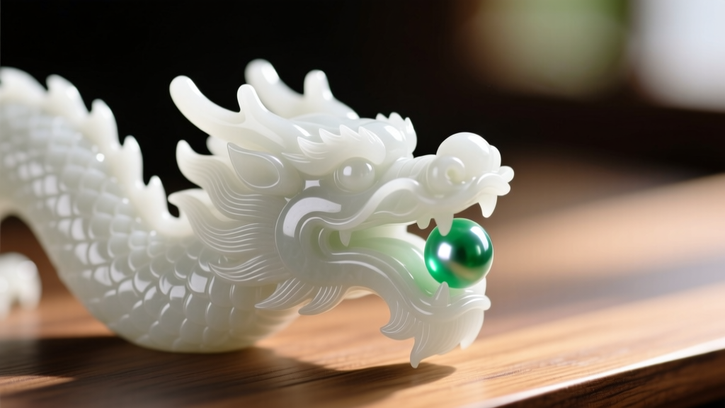 Macro shot of white Hetian nephrite dragon carving showing detailed scales and a jade pearl against a blurred wooden desk.