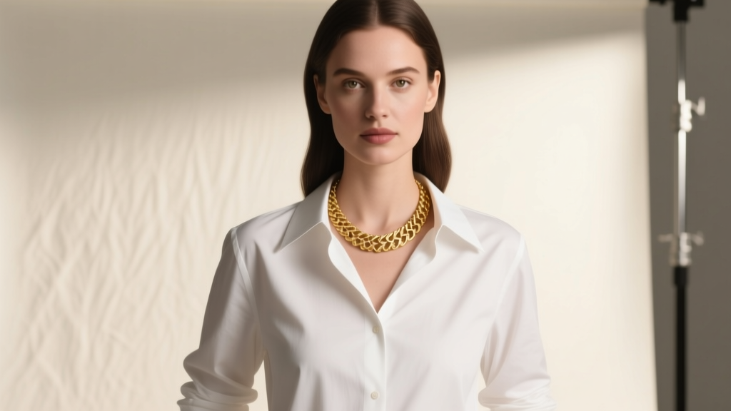 Elegant woman wearing a 22-inch gold vermeil matinee necklace over a crisp white button-down shirt, soft studio lighting, front angle