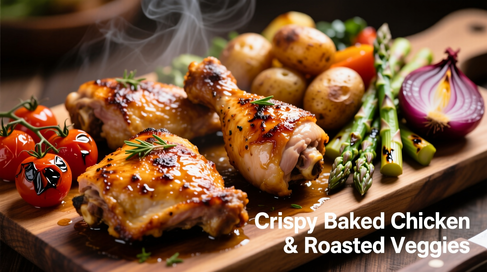Crispy baked chicken thighs with roasted vegetables