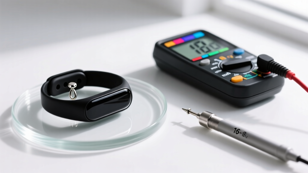 Close-up of a sleek matte-black health tracker earring on a glass tray next to a digital multimeter and a 16-gauge titanium post